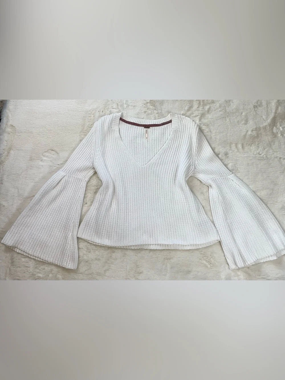 Free People White V-Neck Bell Sleeve Knit Sweater